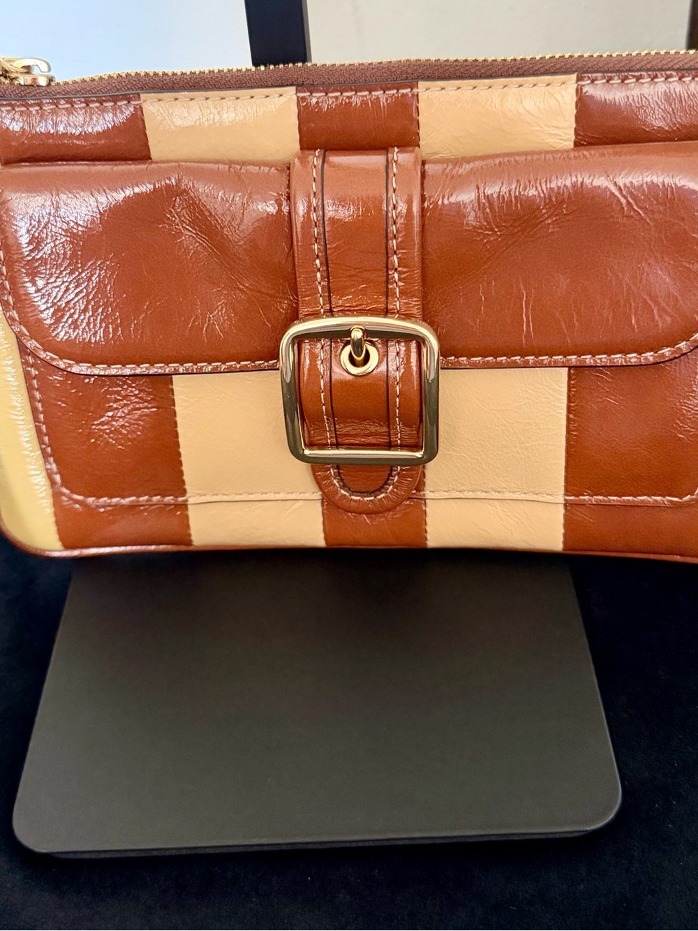 Coach Brown & Cream Striped Leather Wristlet Clutch with Buckle
